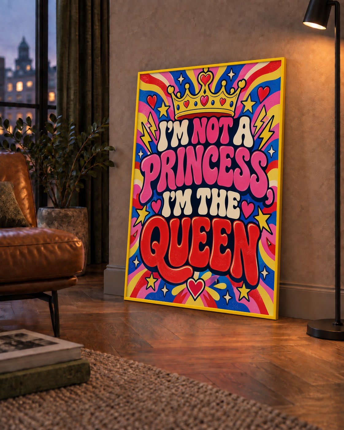 I'm Not a Princess — Renkli Pop Art — çerçeveli hâliyle bir ev duvarında