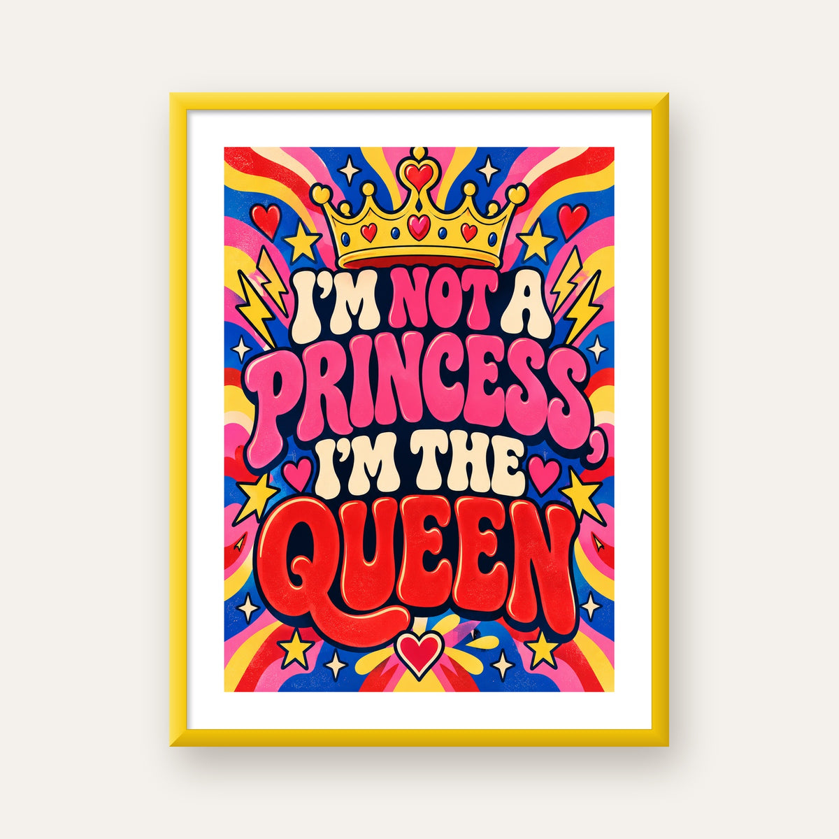 I'm Not a Princess — Renkli Pop Art — sarı çerçeveli paspartulu