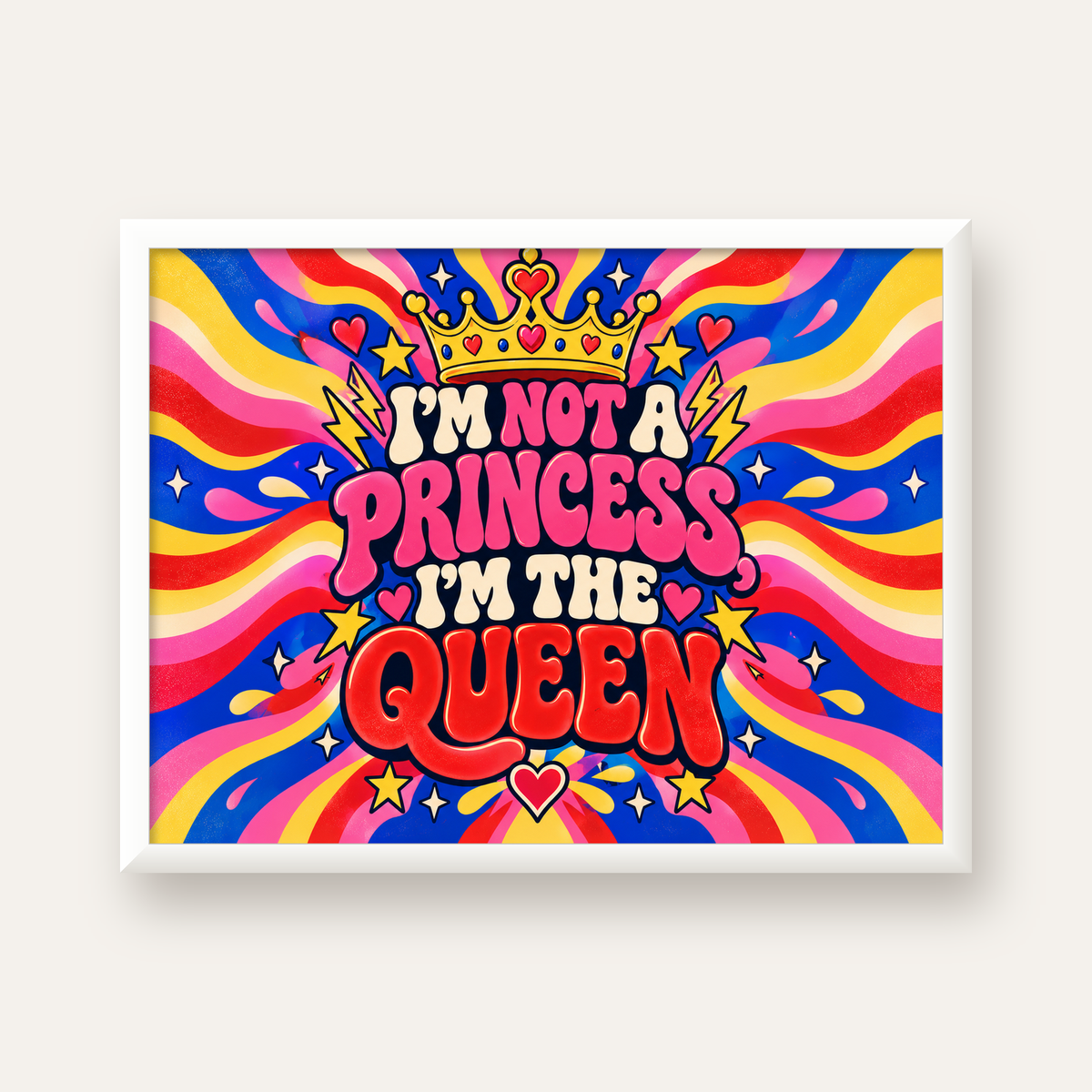 I'm Not a Princess — Renkli Pop Art — beyaz çerçeveli yatay poster