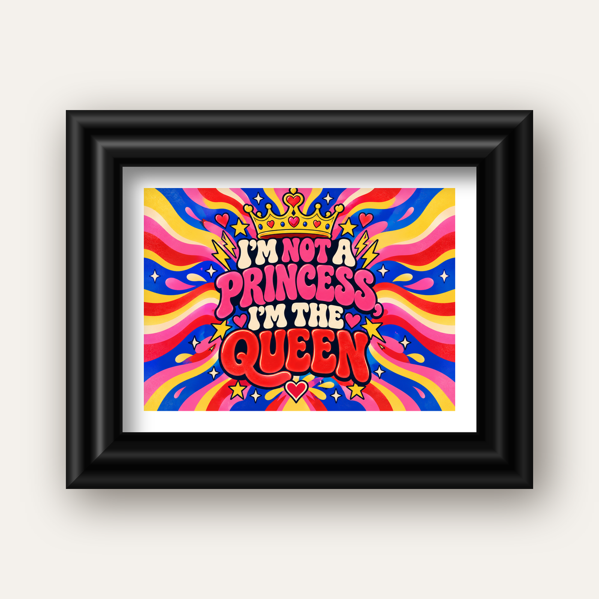 I'm Not a Princess — Renkli Pop Art — siyah galeri çerçeveli paspartulu