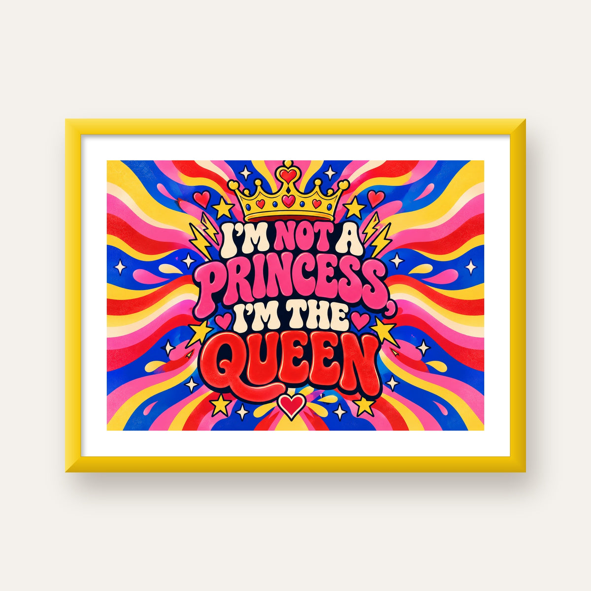 I'm Not a Princess — Renkli Pop Art — sarı çerçeveli paspartulu