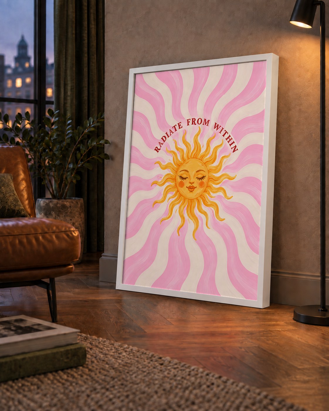 Radiate From Within Güneş Poster — çerçeveli hâliyle bir ev duvarında