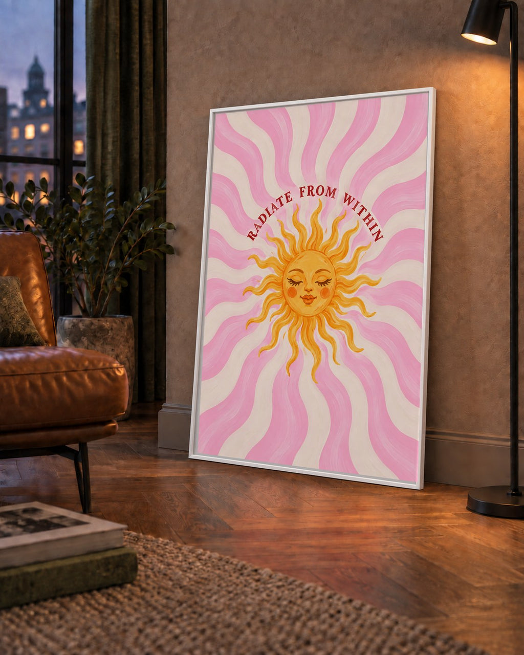Radiate From Within Güneş Poster — çerçeveli hâliyle bir ev duvarında