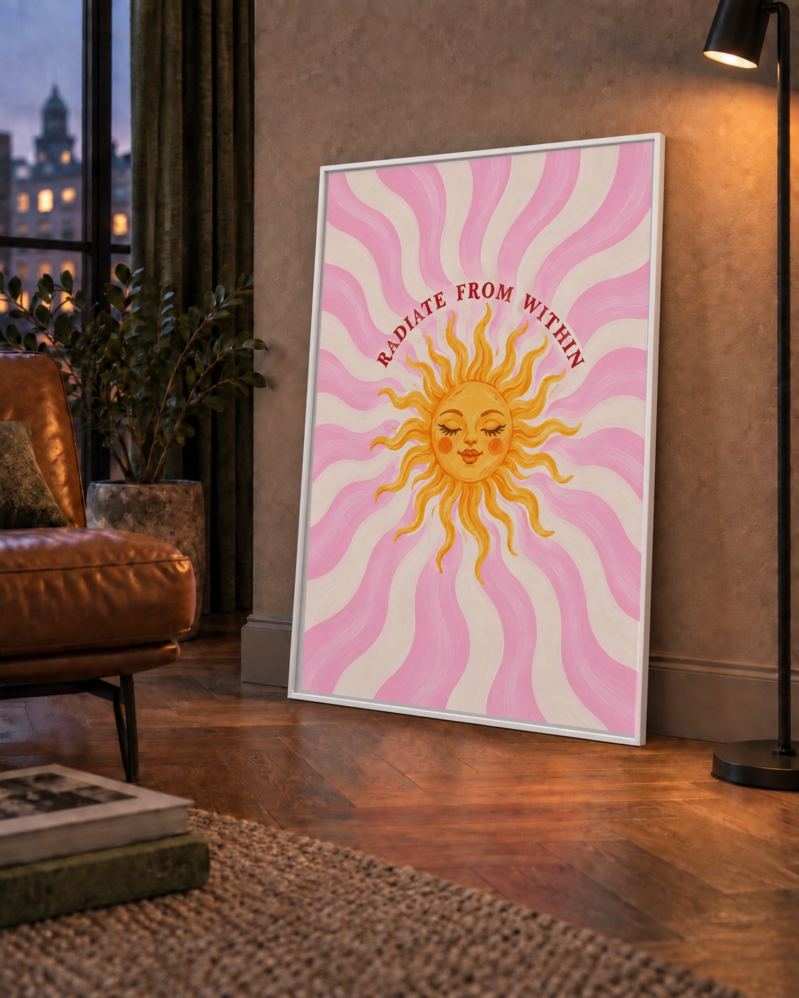 Radiate From Within Güneş Poster — çerçeveli hâliyle bir ev duvarında