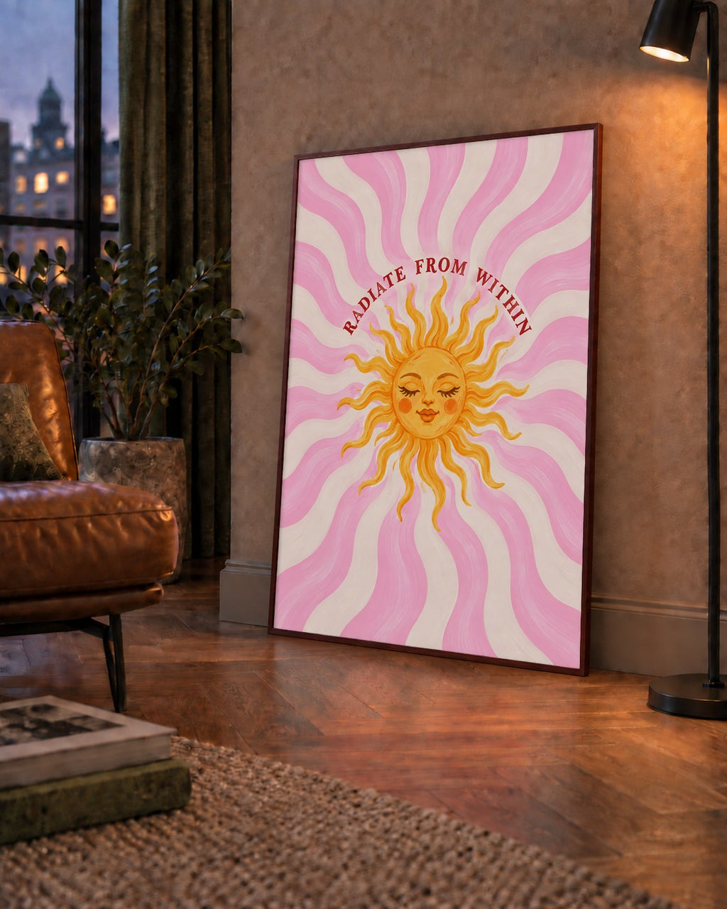 Radiate From Within Güneş Poster — çerçeveli hâliyle bir ev duvarında