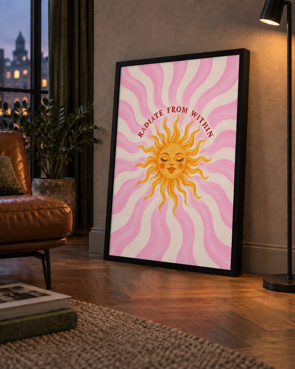 Radiate From Within Güneş Poster — çerçeveli hâliyle bir ev duvarında