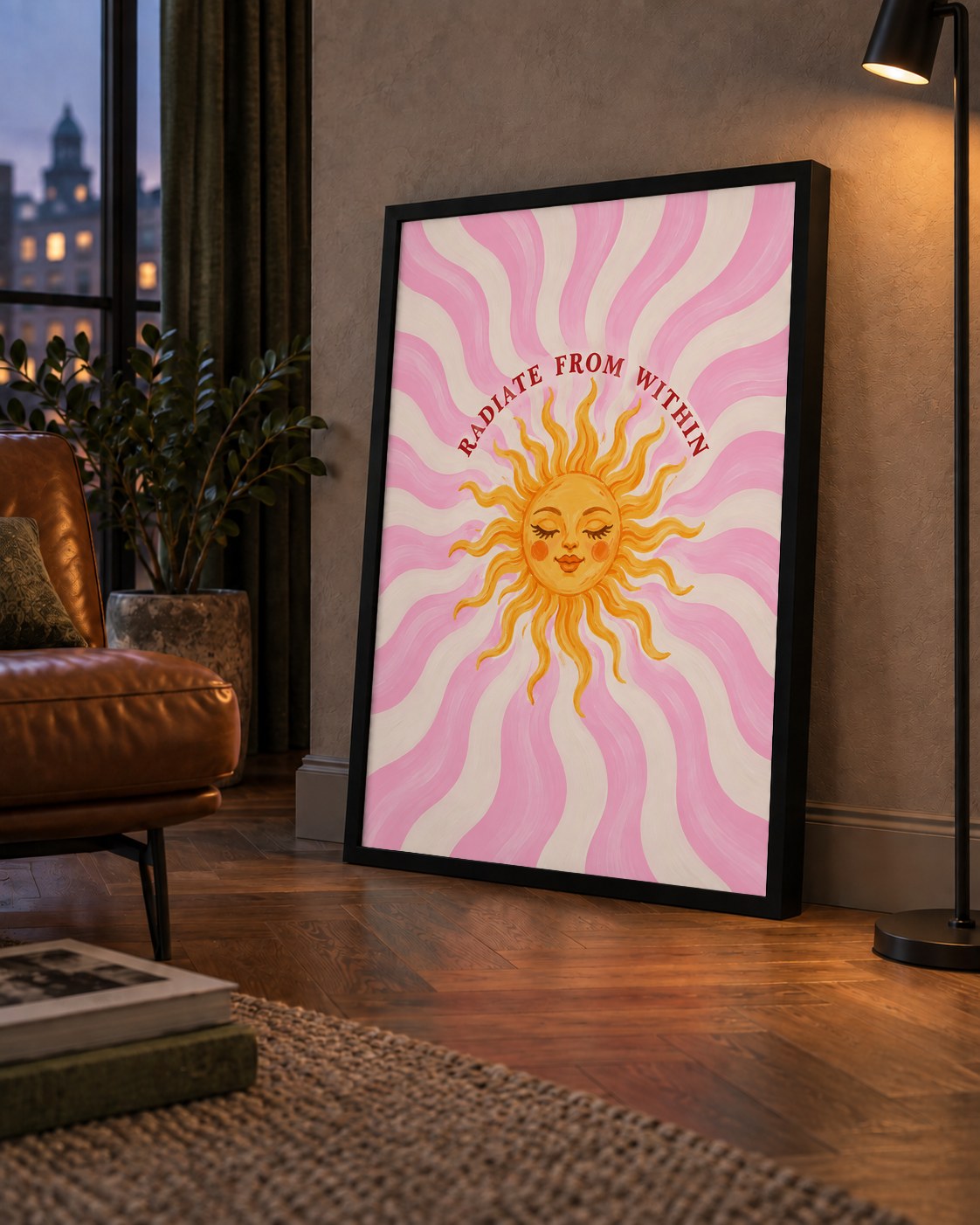 Radiate From Within Güneş Poster — çerçeveli hâliyle bir ev duvarında