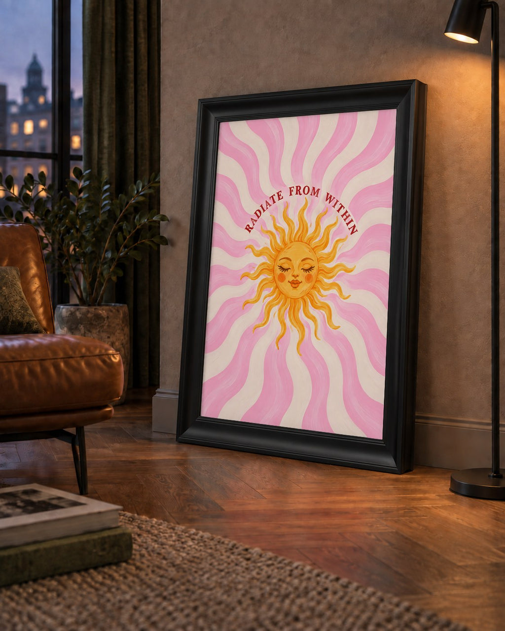 Radiate From Within Güneş Poster — çerçeveli hâliyle bir ev duvarında