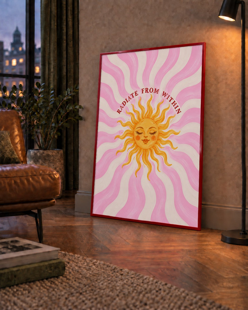 Radiate From Within Güneş Poster — çerçeveli hâliyle bir ev duvarında