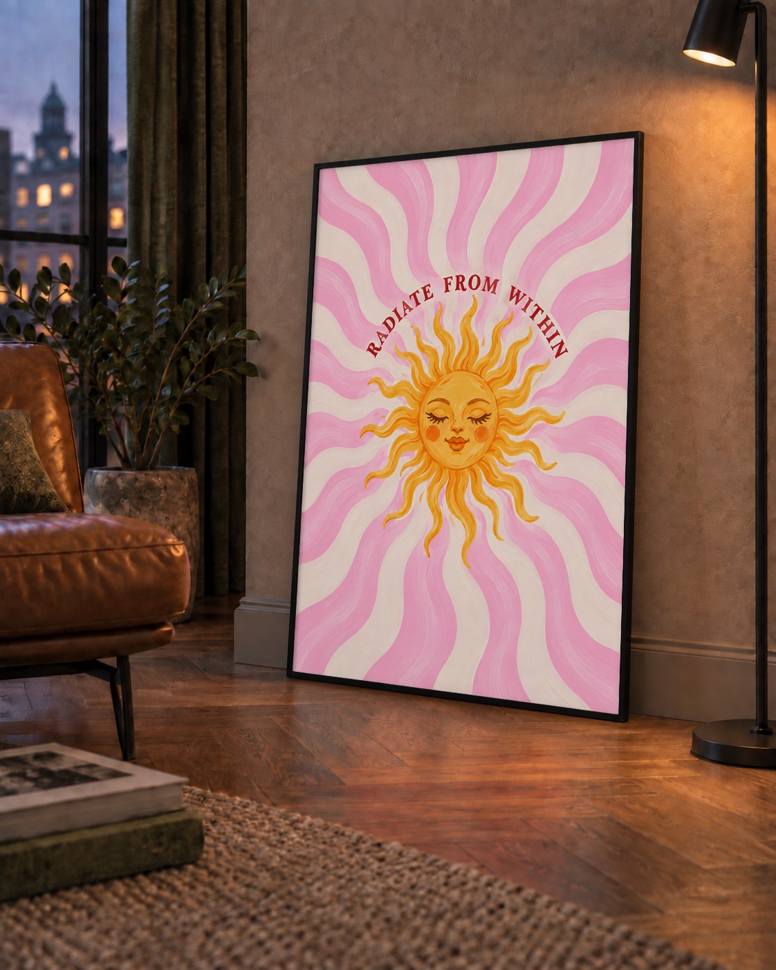 Radiate From Within Güneş Poster — çerçeveli hâliyle bir ev duvarında