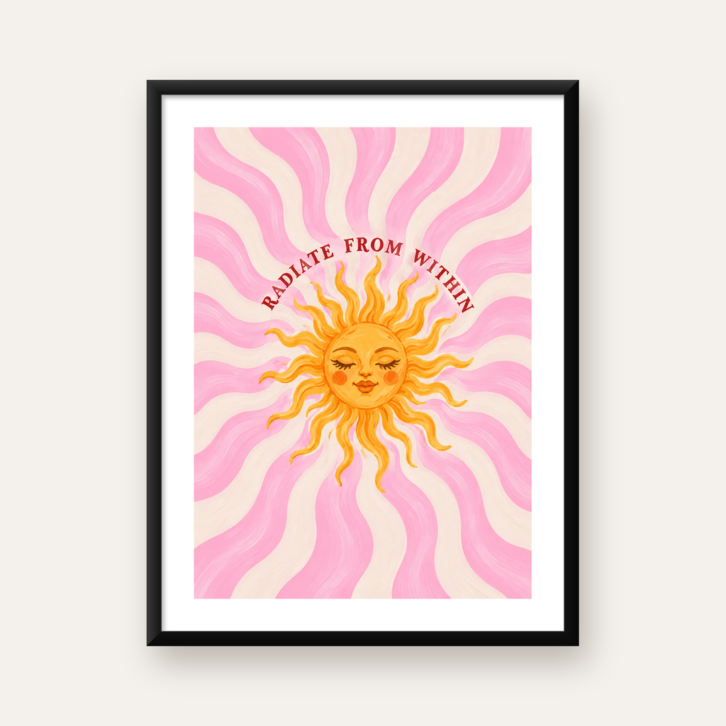 Gülümseyen Güneş & Dalgalı Çizgiler Renkli Poster — Dikey baskı, beyaz kenar boşluklu