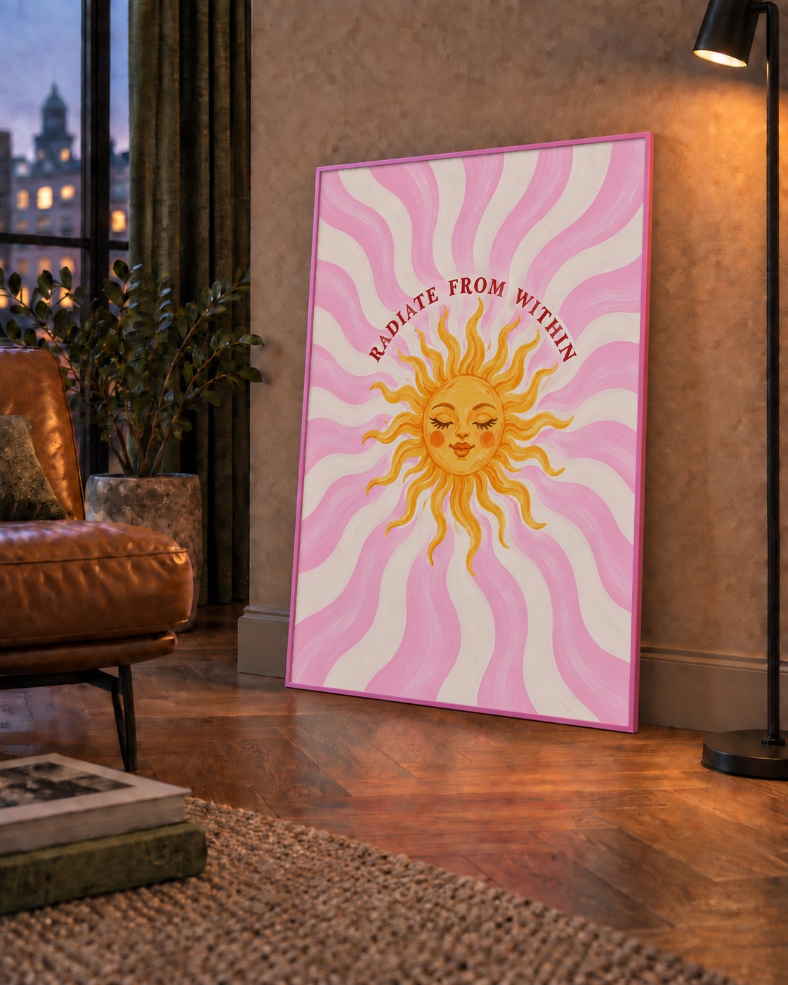 Radiate From Within Güneş Poster — çerçeveli hâliyle bir ev duvarında