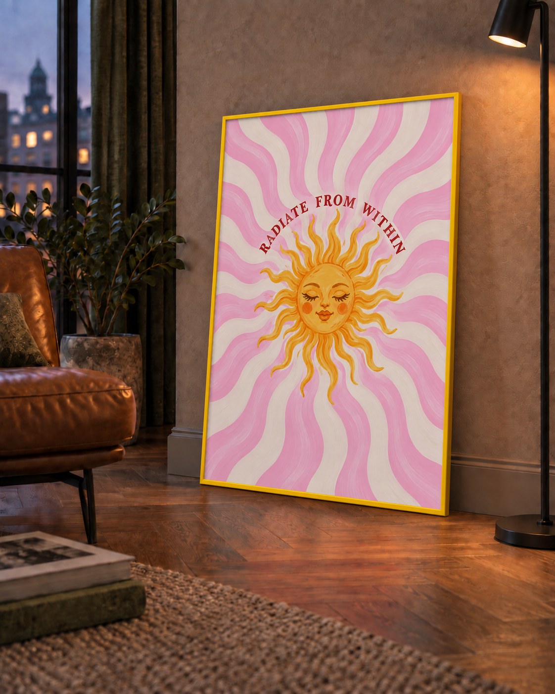 Radiate From Within Güneş Poster — çerçeveli hâliyle bir ev duvarında