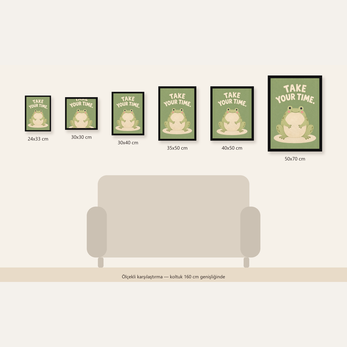 Sevimli Kurbağa & Motivasyon Yazılı Pastel Poster — Dikey ölçülerinin karşılaştırması
