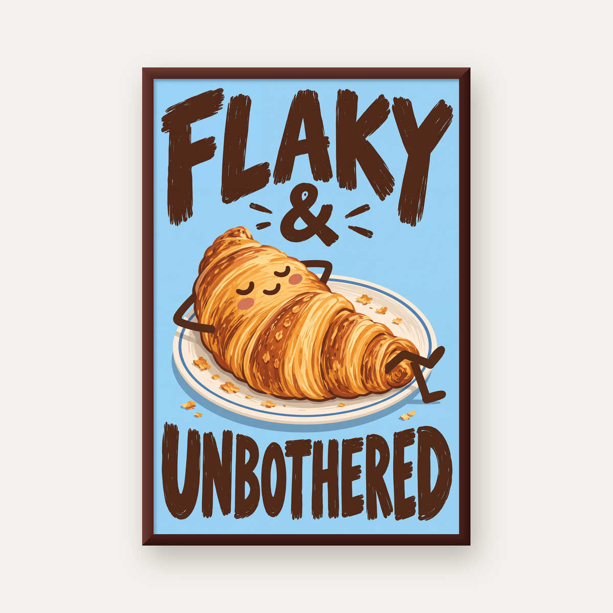 Flaky & Unbothered Kruvasan Poster – Eğlenceli Mutlu Duvar Sanatı — ceviz çerçeveli
