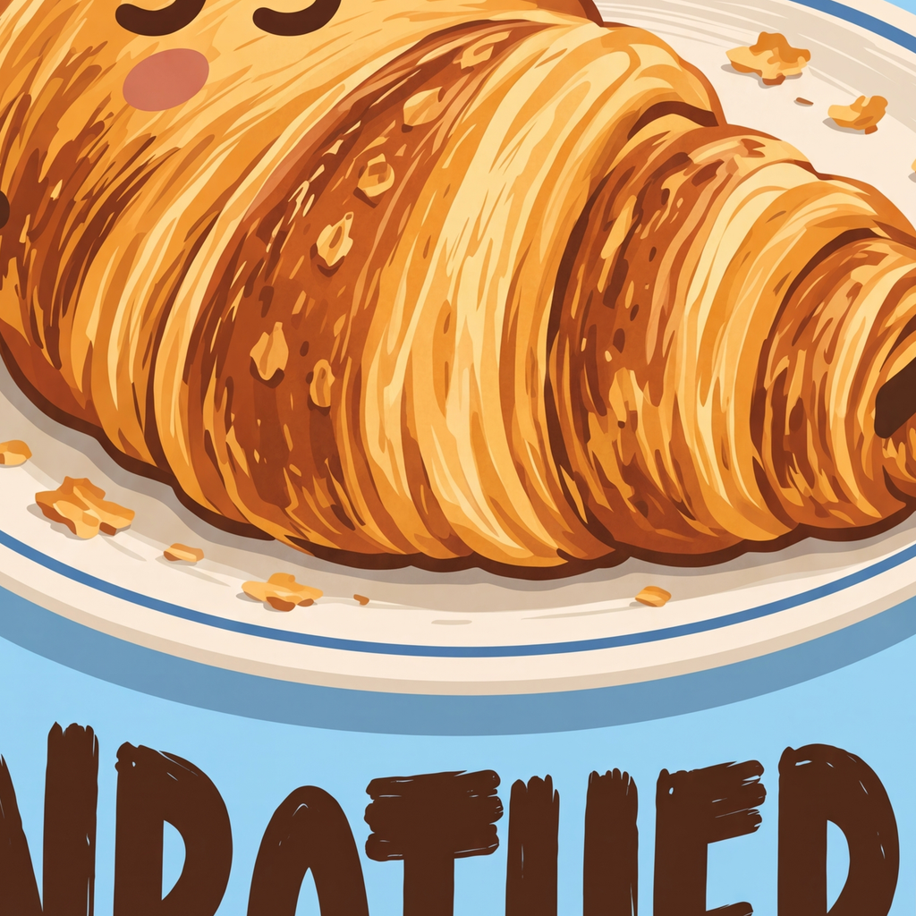 Flaky & Unbothered Kruvasan Poster – Eğlenceli Mutlu Duvar Sanatı — baskının yakın çekimi, kâğıt dokusu ve renk detayı