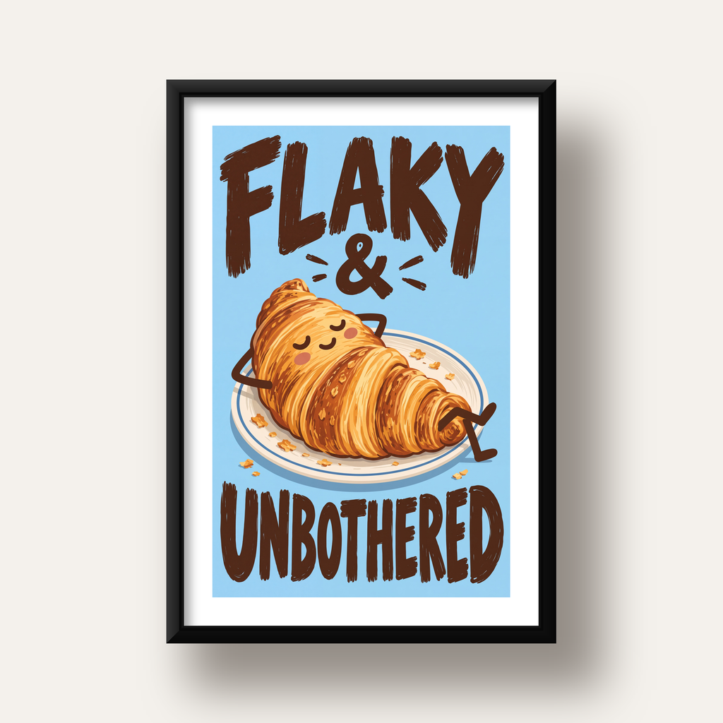 Flaky & Unbothered Kruvasan Poster – Eğlenceli Mutlu Duvar Sanatı — siyah derin çerçeveli paspartulu