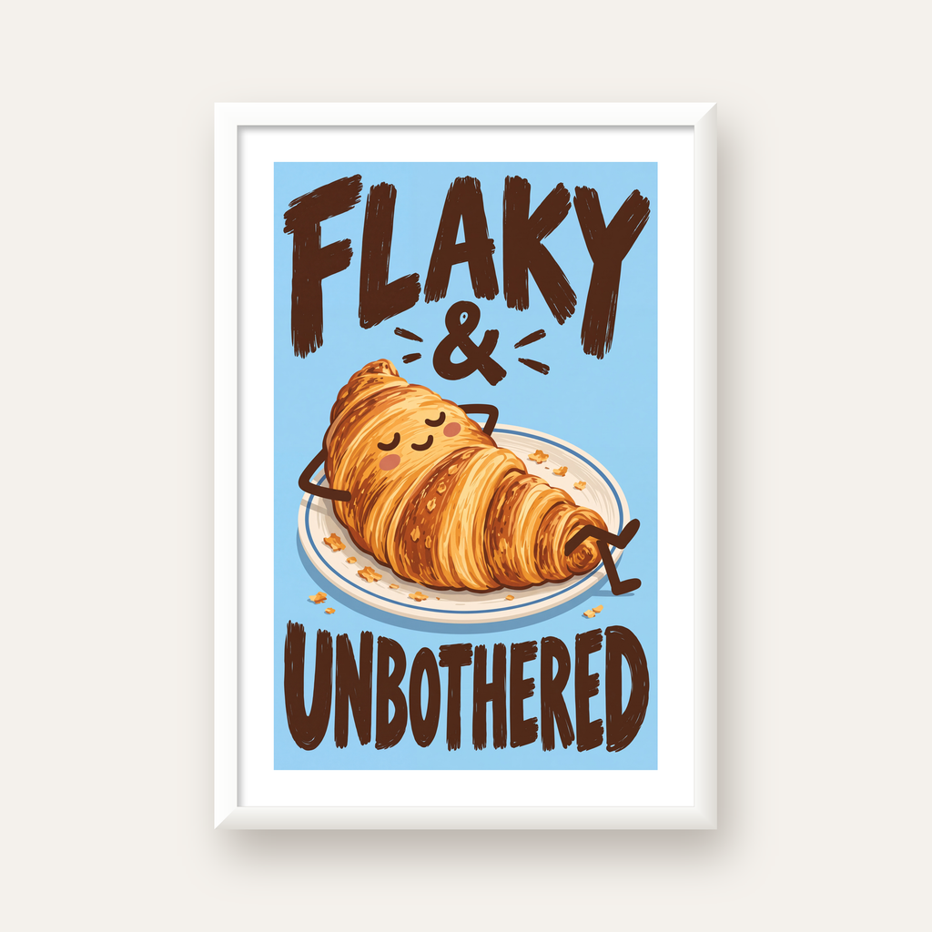 Flaky & Unbothered Kruvasan Poster – Eğlenceli Mutlu Duvar Sanatı — beyaz çerçeveli dikey poster