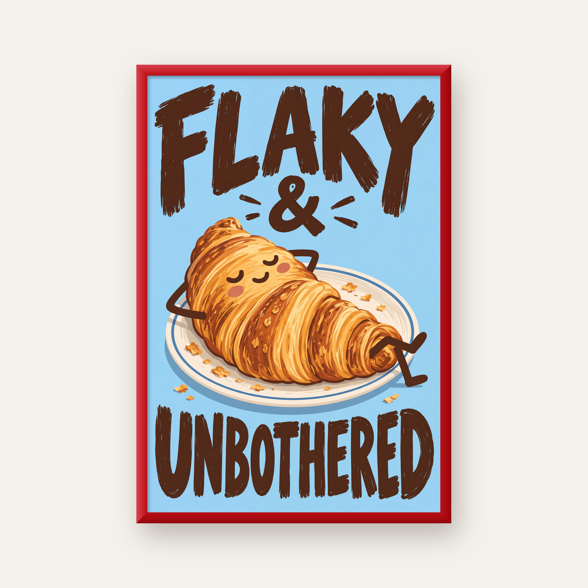 Flaky & Unbothered Kruvasan Poster – Eğlenceli Mutlu Duvar Sanatı — kırmızı çerçeveli