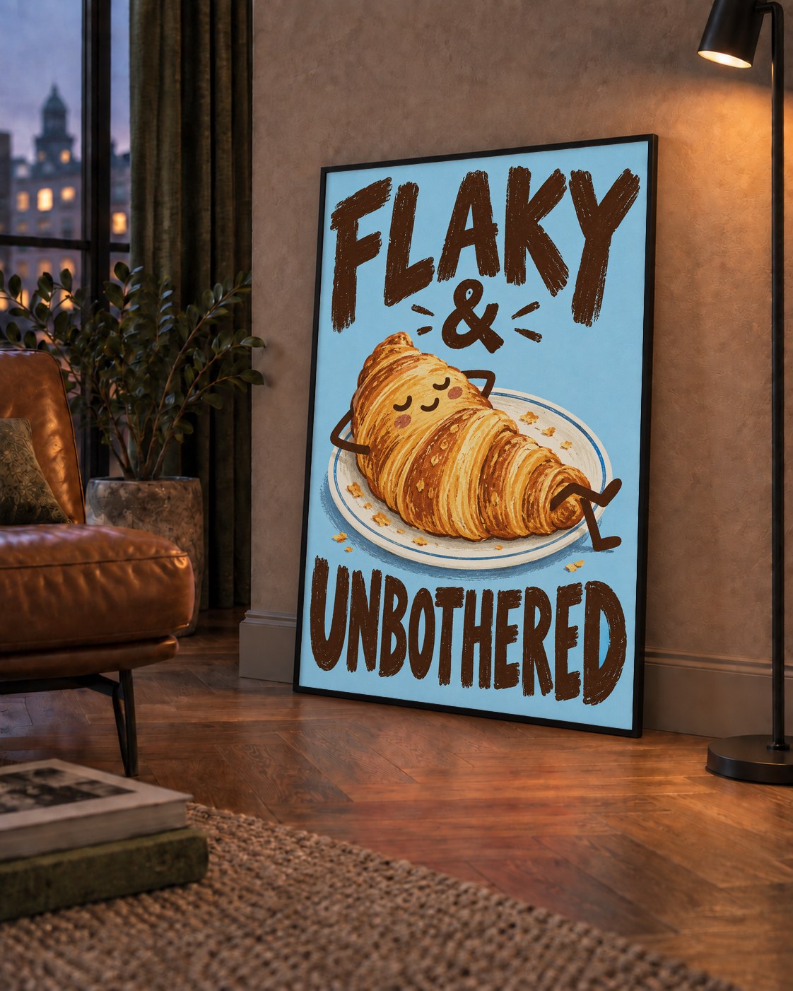 Flaky & Unbothered Kruvasan Poster – Eğlenceli Mutlu Duvar Sanatı — çerçeveli hâliyle bir ev duvarında