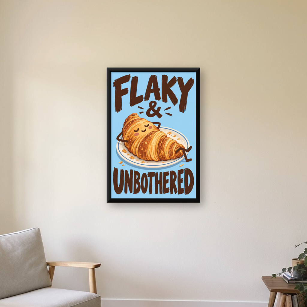 Flaky & Unbothered Kruvasan Poster – Eğlenceli Mutlu Duvar Sanatı — çerçeveli hâliyle bir ev duvarında