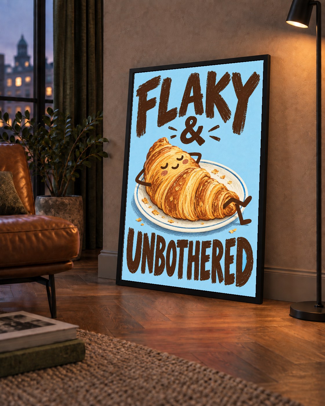 Flaky & Unbothered Kruvasan Poster – Eğlenceli Mutlu Duvar Sanatı