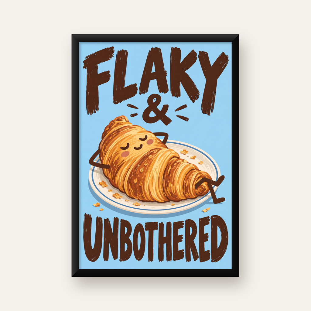 Flaky & Unbothered Kruvasan Poster – Eğlenceli Mutlu Duvar Sanatı — düz siyah çerçeveli duvar posteri