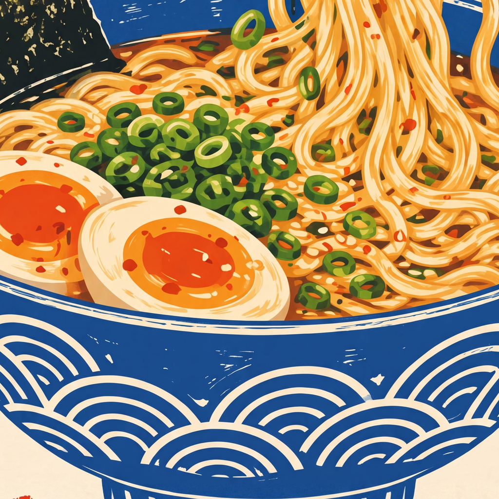SEND NOODS Ramen Poster – Renkli, Eğlenceli Mutfak Dekoru — baskının yakın çekimi, kâğıt dokusu ve renk detayı