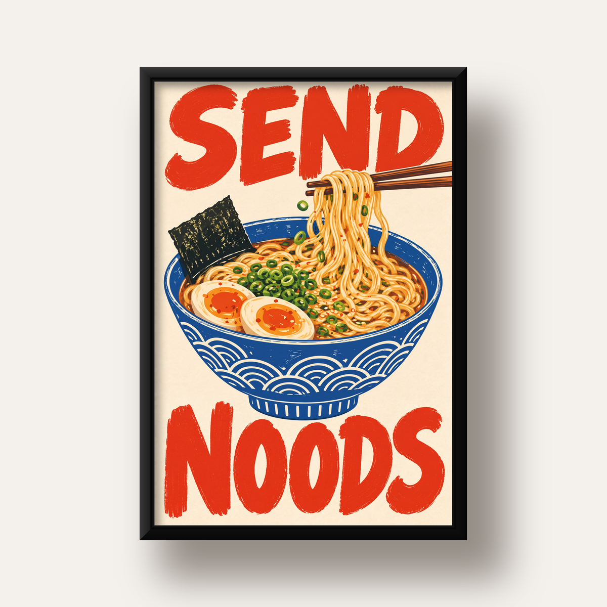 SEND NOODS Ramen Poster – Renkli, Eğlenceli Mutfak Dekoru — siyah derin çerçeveli