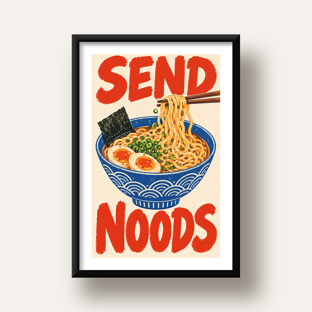 SEND NOODS Ramen Poster – Renkli, Eğlenceli Mutfak Dekoru — siyah derin çerçeveli paspartulu