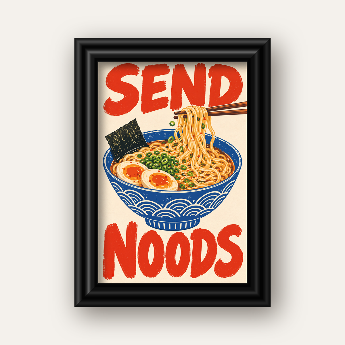 SEND NOODS Ramen Poster – Renkli, Eğlenceli Mutfak Dekoru — siyah galeri çerçeveli