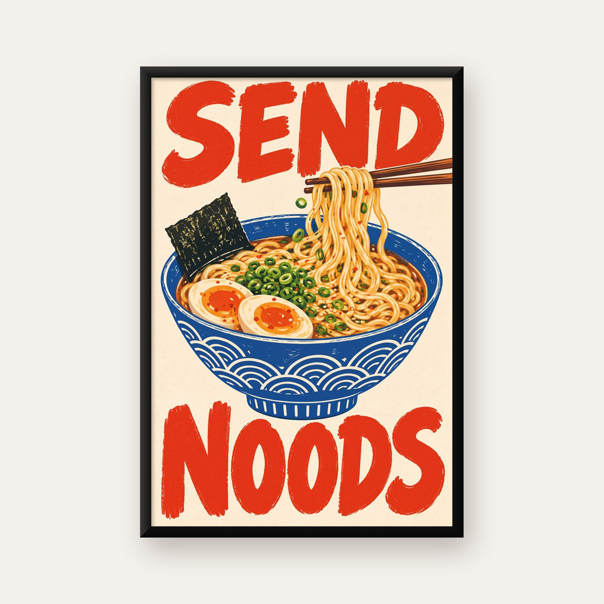 SEND NOODS Ramen Poster – Renkli, Eğlenceli Mutfak Dekoru — ceviz çerçeveli