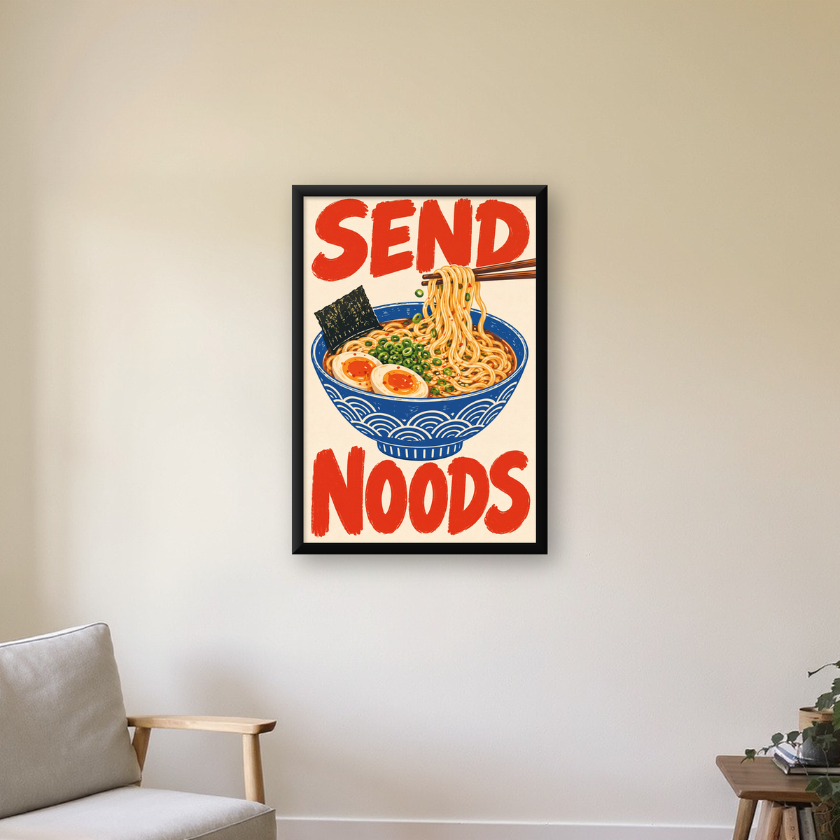 SEND NOODS Ramen Poster – Renkli, Eğlenceli Mutfak Dekoru — çerçeveli hâliyle bir ev duvarında