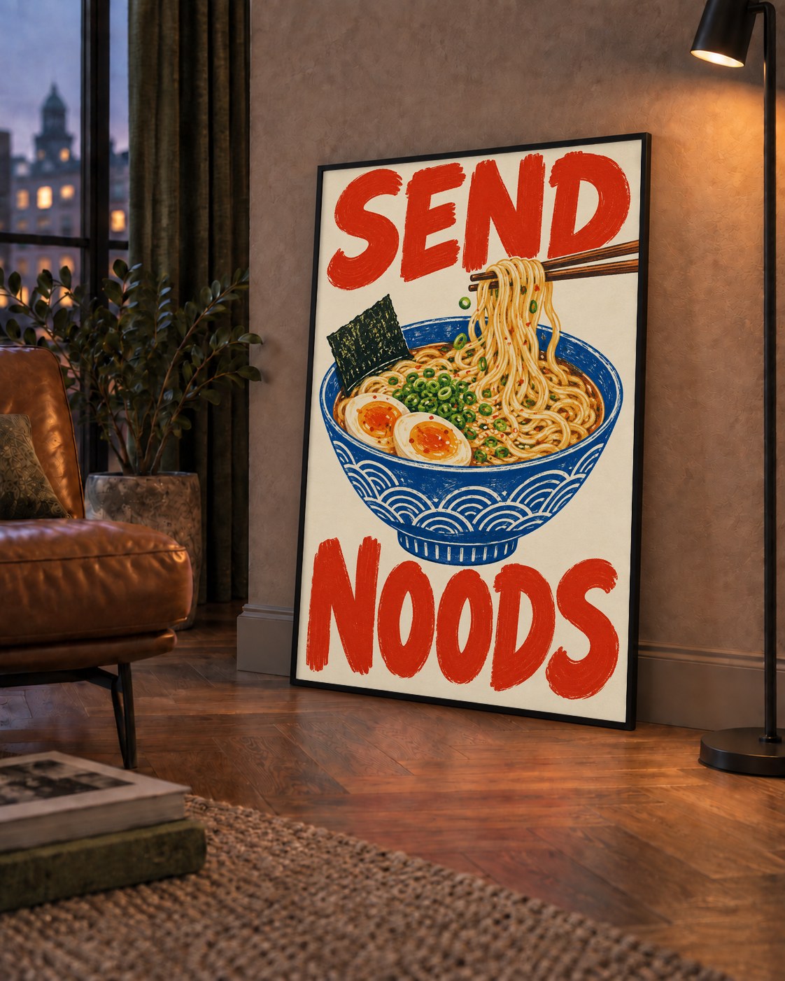 SEND NOODS Ramen Poster – Renkli, Eğlenceli Mutfak Dekoru — çerçeveli hâliyle bir ev duvarında