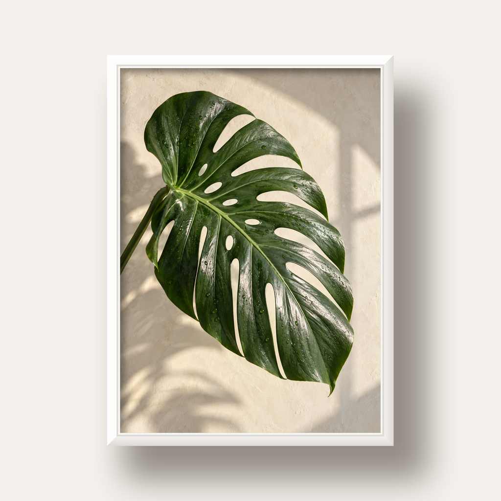 Monstera Yaprağı Close-Up Poster – Doğal ve Modern Duvar Dekoru — beyaz derin çerçeveli