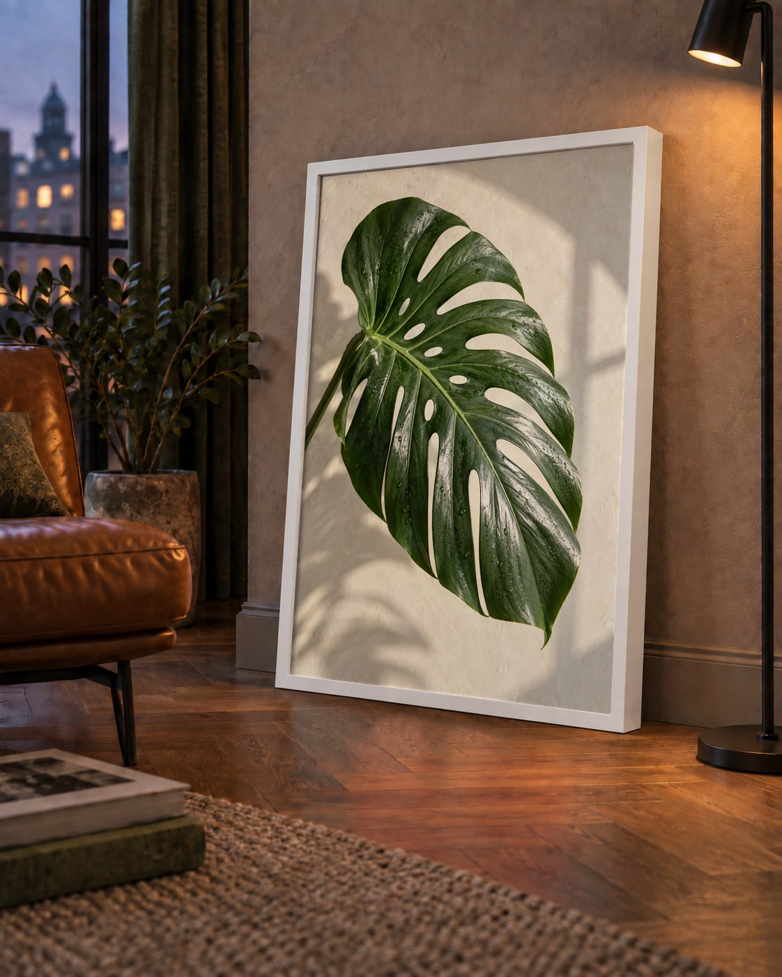 Monstera Yaprağı Close-Up Poster – Doğal ve Modern Duvar Dekoru — çerçeveli hâliyle bir ev duvarında