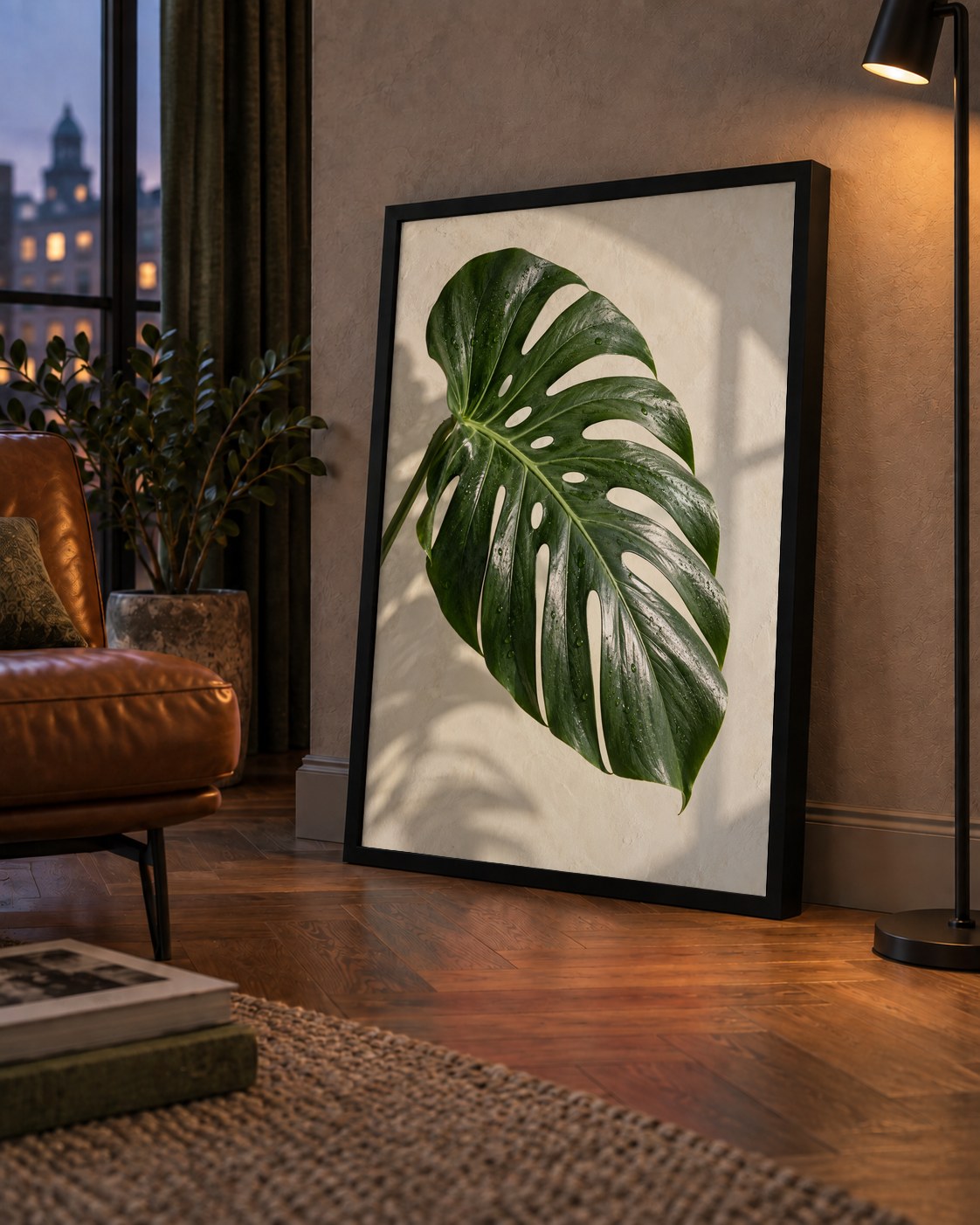 Monstera Yaprağı Close-Up Poster – Doğal ve Modern Duvar Dekoru — çerçeveli hâliyle bir ev duvarında
