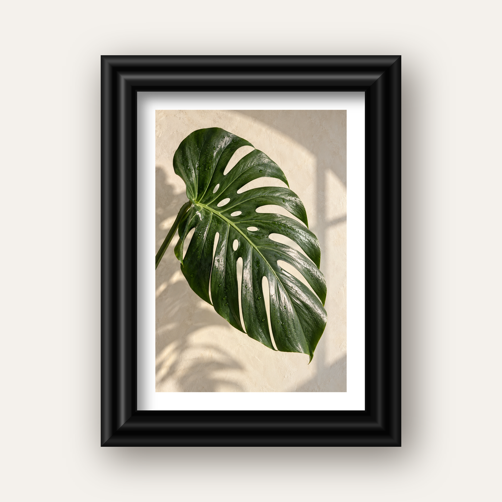 Monstera Yaprağı Close-Up Poster – Doğal ve Modern Duvar Dekoru — siyah galeri çerçeveli paspartulu