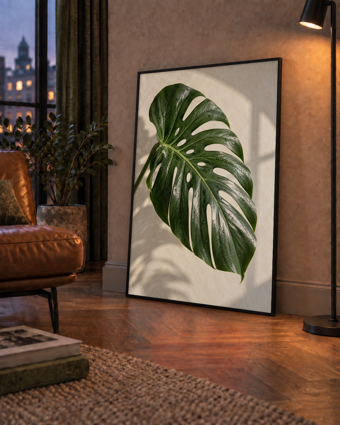 Monstera Yaprağı Close-Up Poster – Doğal ve Modern Duvar Dekoru — çerçeveli hâliyle bir ev duvarında