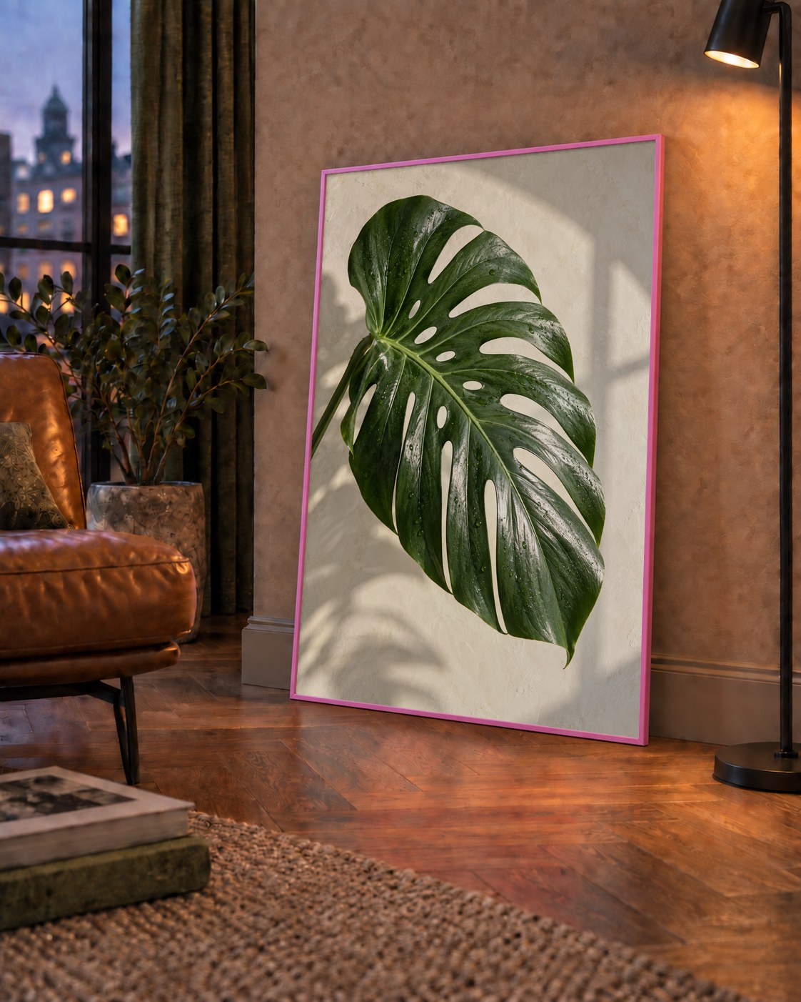 Monstera Yaprağı Close-Up Poster – Doğal ve Modern Duvar Dekoru — çerçeveli hâliyle bir ev duvarında