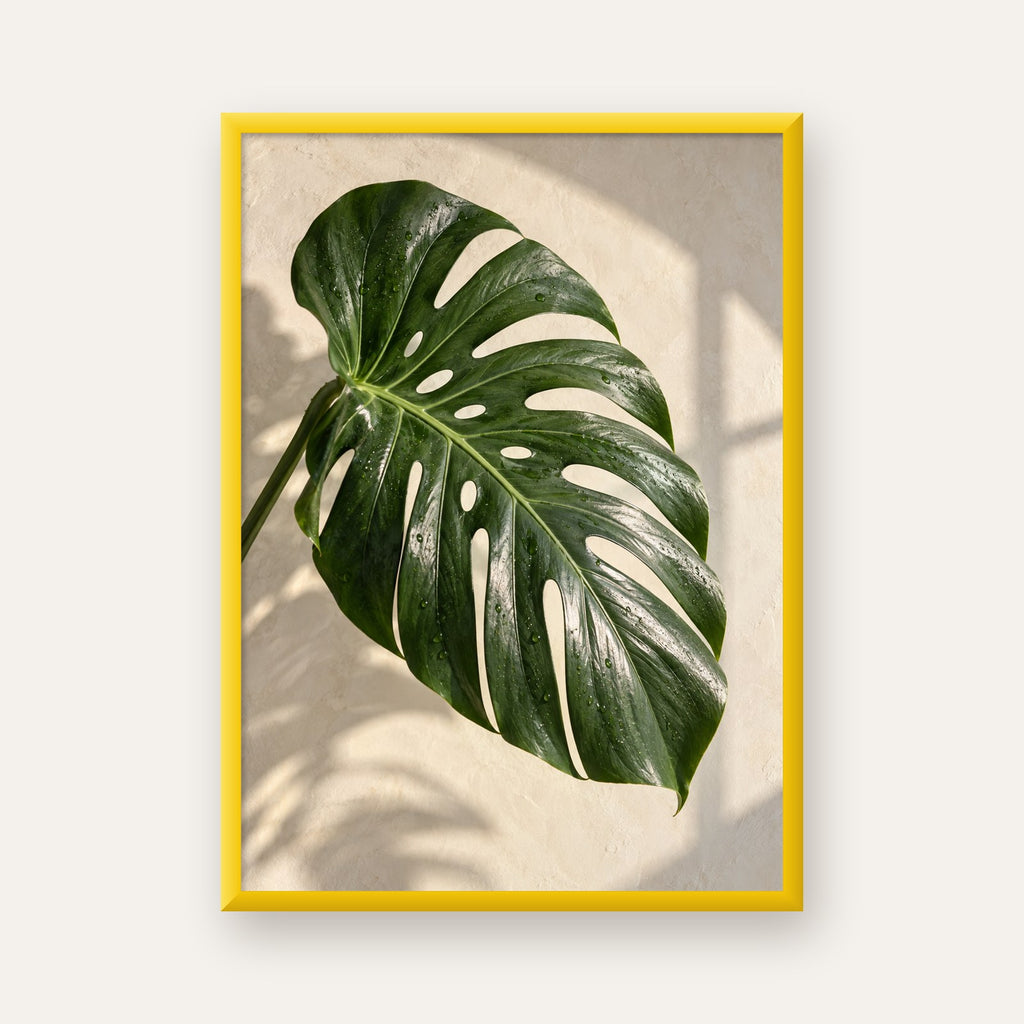 Monstera Yaprağı Close-Up Poster – Doğal ve Modern Duvar Dekoru — sarı çerçeveli