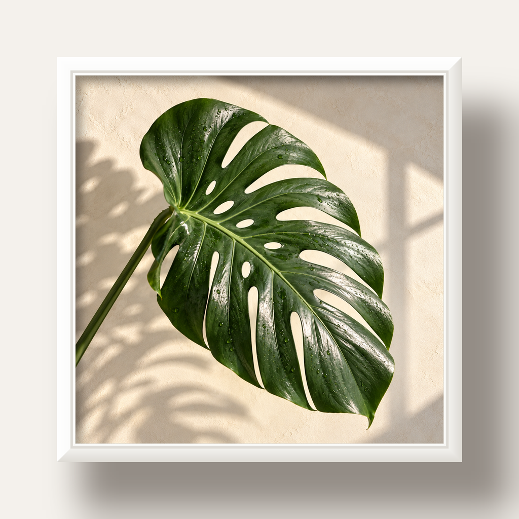 Monstera Yaprağı Close-Up Poster – Doğal ve Modern Duvar Dekoru — beyaz derin çerçeveli