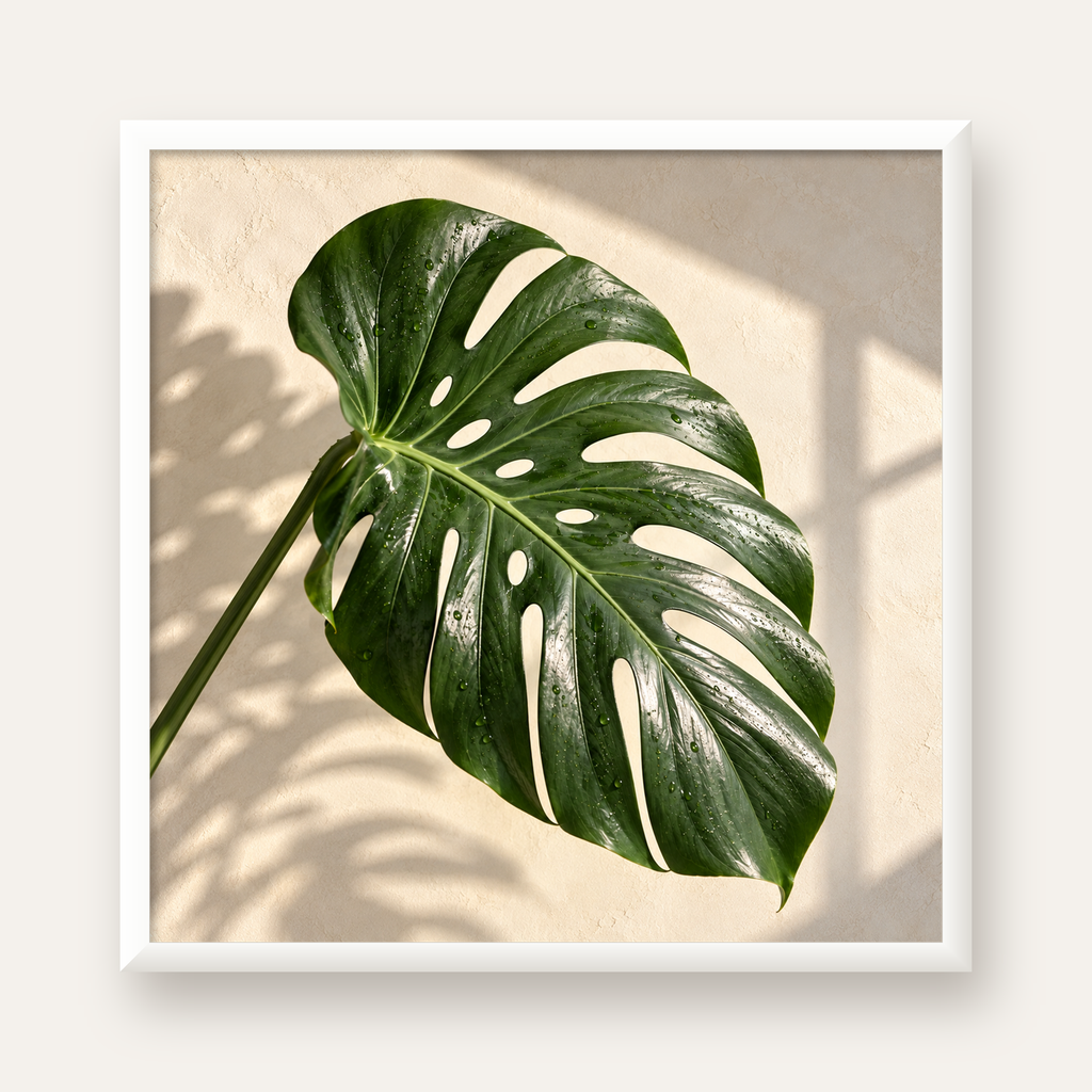 Monstera Yaprağı Close-Up Poster – Doğal ve Modern Duvar Dekoru — beyaz çerçeveli kare poster