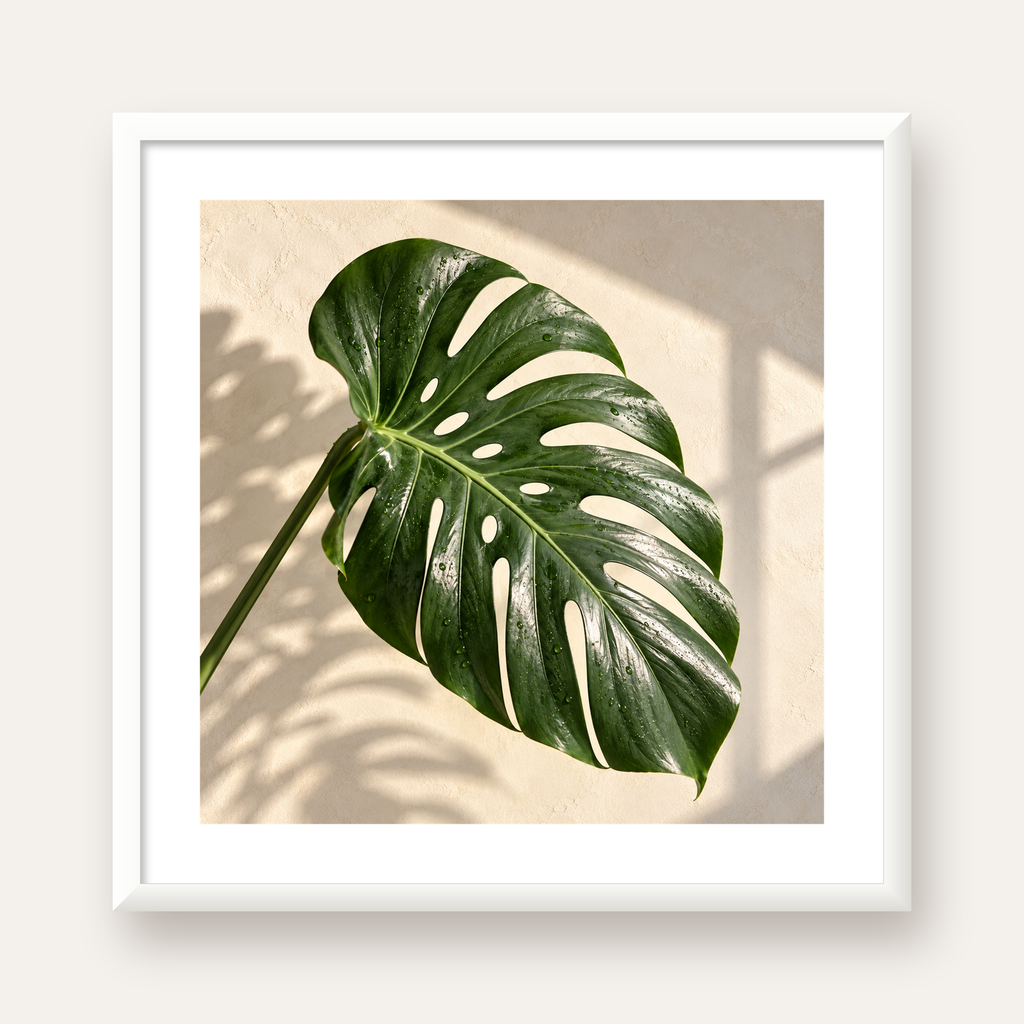Monstera Yaprağı Close-Up Poster – Doğal ve Modern Duvar Dekoru — beyaz çerçeveli kare poster