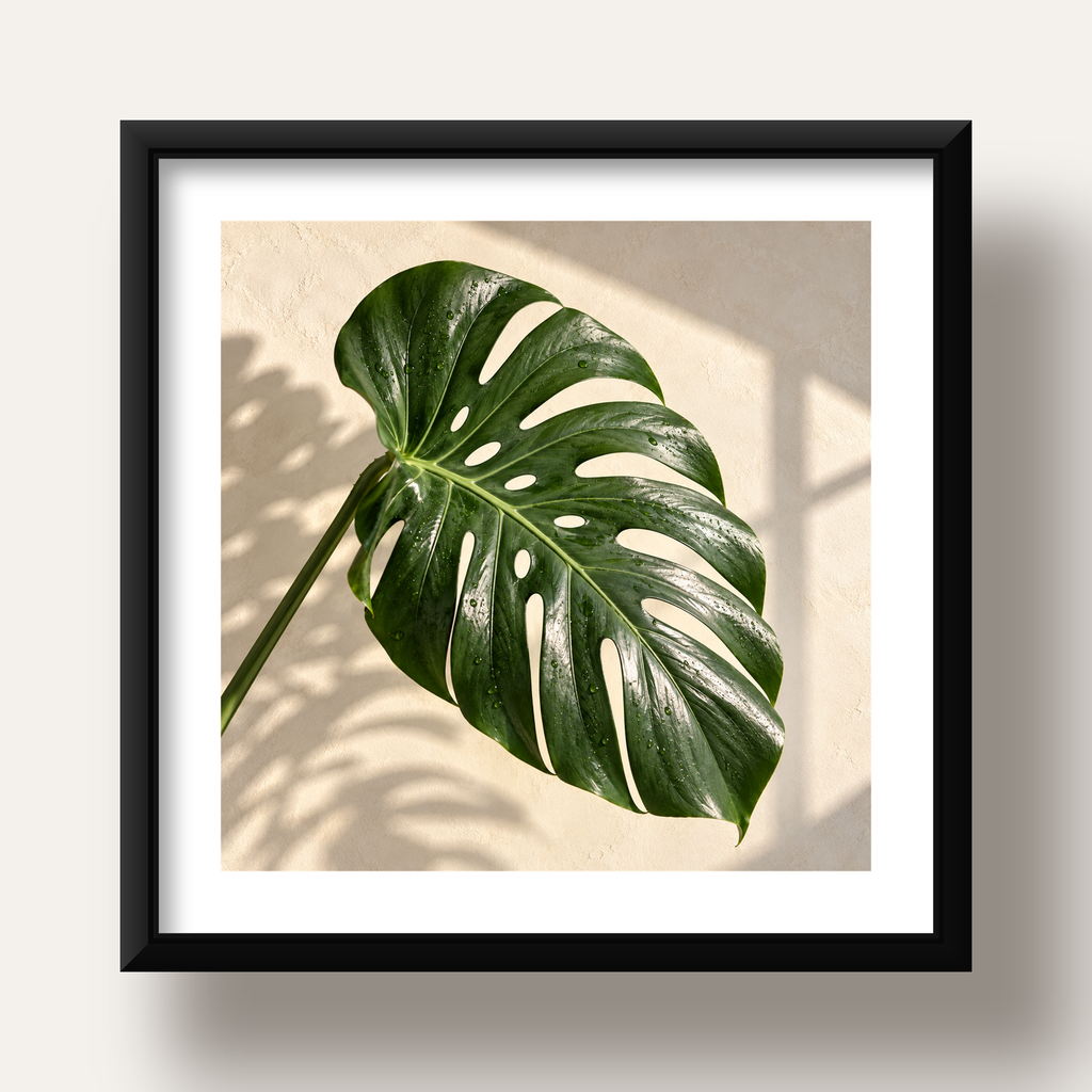 Monstera Yaprağı Close-Up Poster – Doğal ve Modern Duvar Dekoru — siyah derin çerçeveli paspartulu