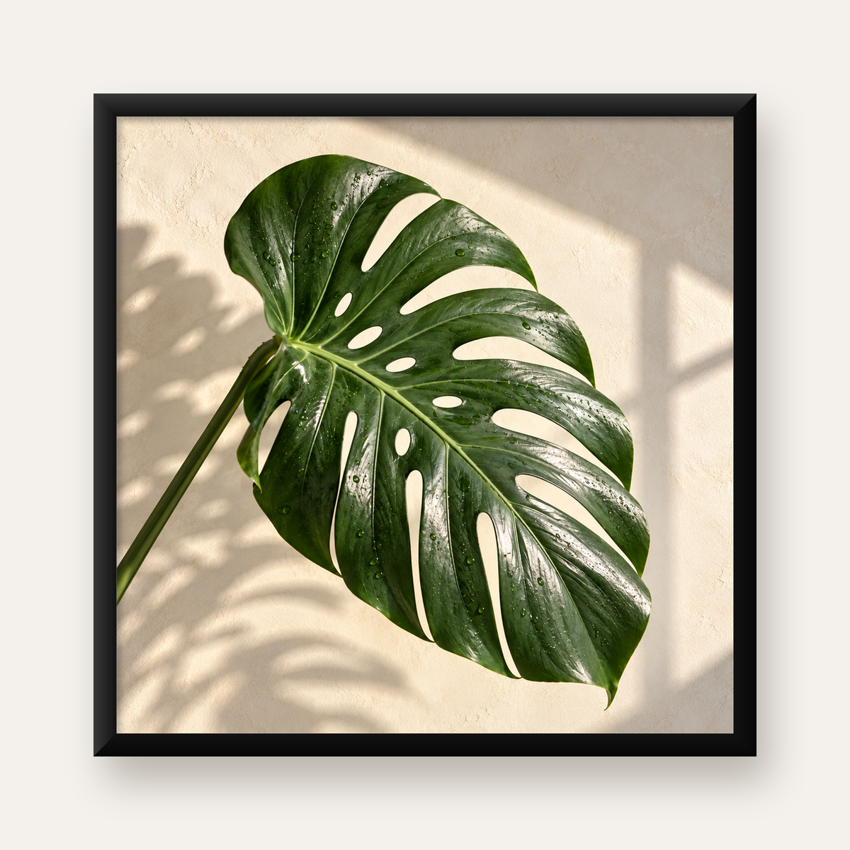 Monstera Yaprağı Close-Up Poster – Doğal ve Modern Duvar Dekoru — Kare baskı, düz siyah çerçeveli duvar posteri