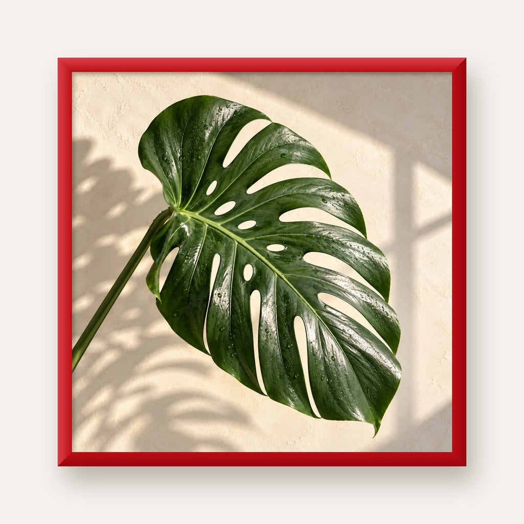 Monstera Yaprağı Close-Up Poster – Doğal ve Modern Duvar Dekoru — kırmızı çerçeveli