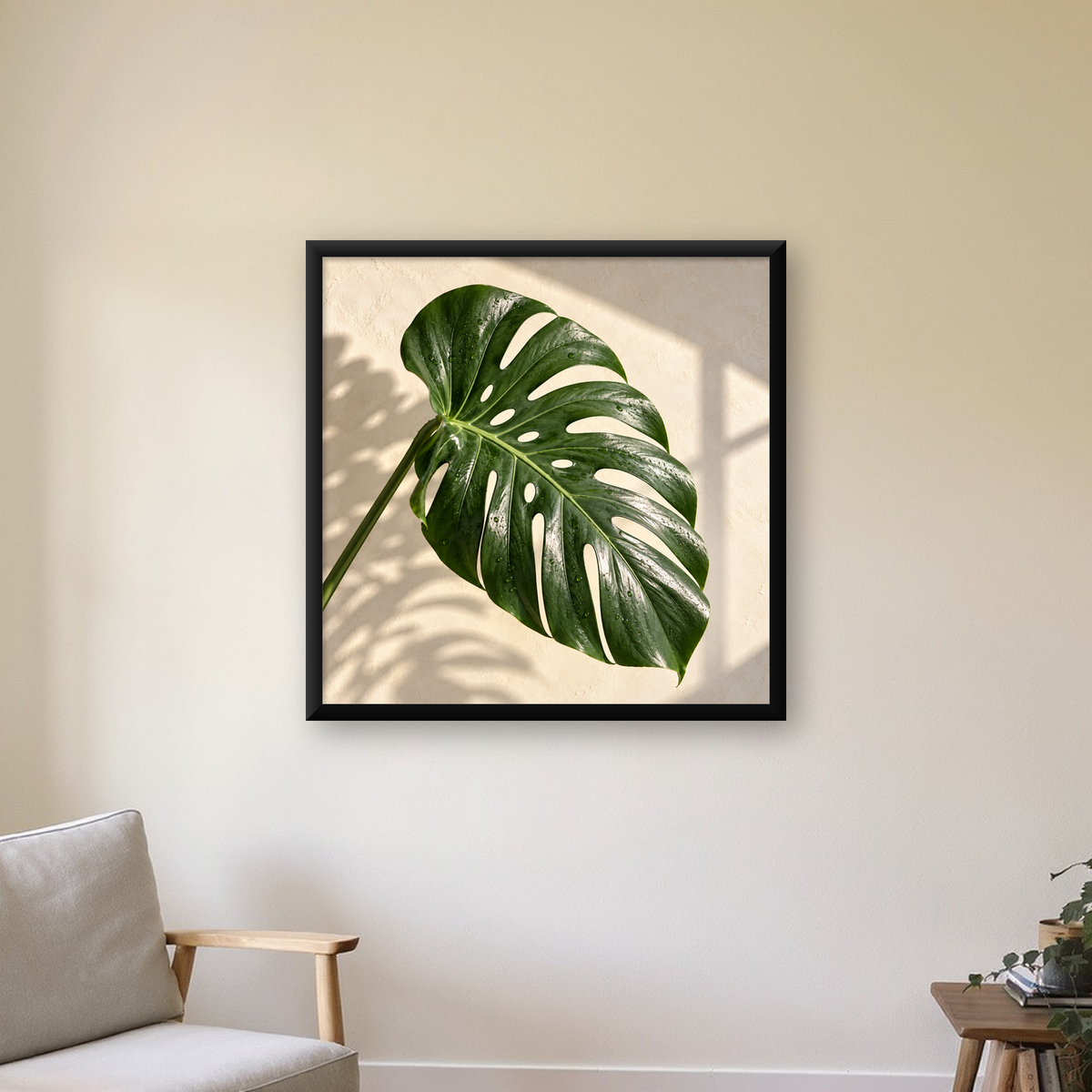 Monstera Yaprağı Close-Up Poster – Doğal ve Modern Duvar Dekoru — Kare baskı, çerçeveli hâliyle bir ev duvarında