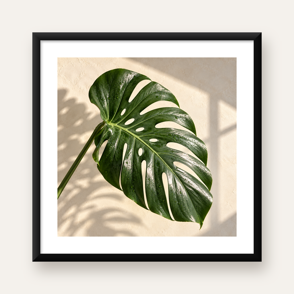 Monstera Yaprağı Close-Up Poster – Doğal ve Modern Duvar Dekoru — Kare baskı, beyaz paspartulu