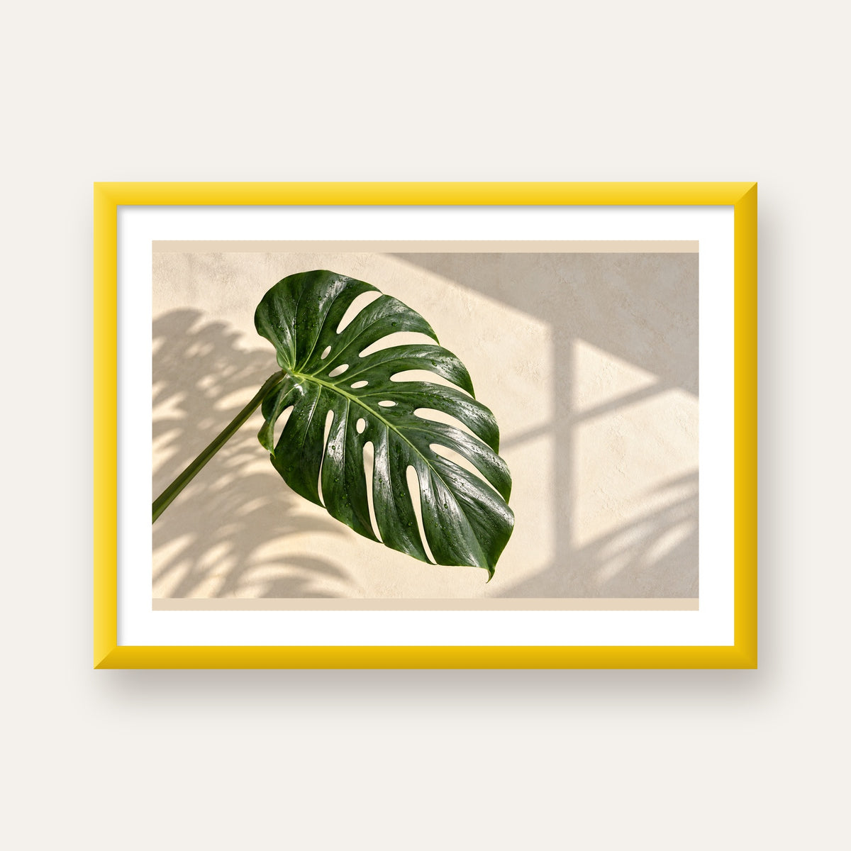 Monstera Yaprağı Close-Up Poster – Doğal ve Modern Duvar Dekoru — sarı çerçeveli paspartulu